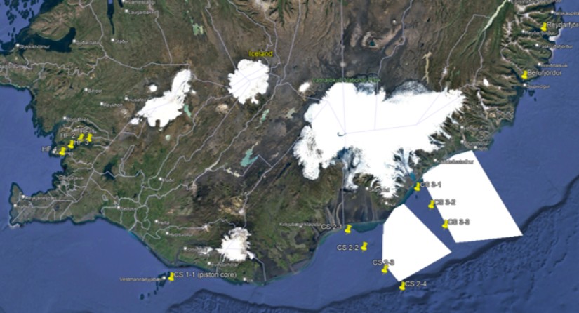 Sites d'échantillonnage DEHEAT autour de l'Islande pendant l'expédition Belgica 2023 (Image: Google Maps 2023 - TerraMetrics 2023, DEHEAT)