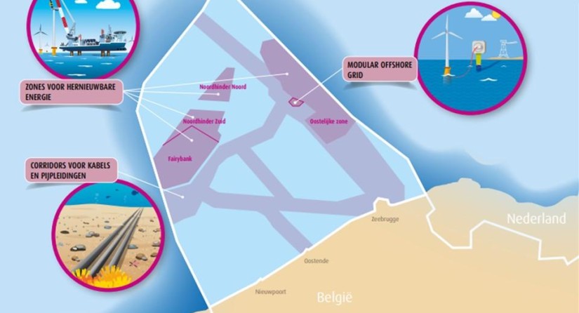 Zones voor hernieuwbare energie, inclusief offshore windparken, in het Belgisch deel van de Noordzee. Oostelijke zone = eerste fase die volledig operationeel is, westelijke zone = Prinses Elisabethzone. (bron: Marien Ruimtelijk Plan 2020-2026)