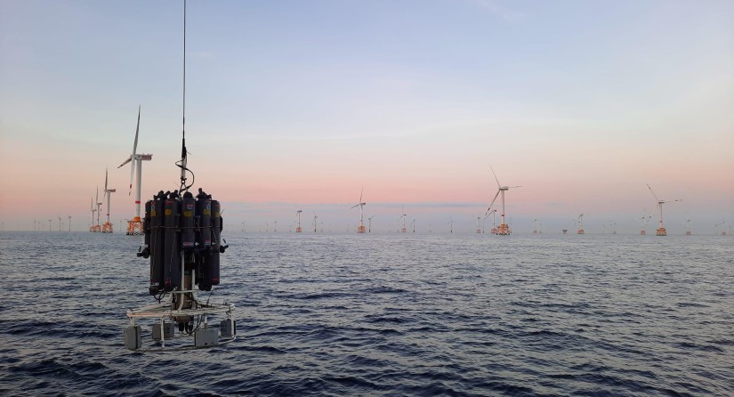Échantillonnage scientifique avec le RV Belgica dans les parcs éoliens offshore belges. (Image : IRSNB)