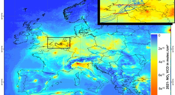 Satellite images visualise nitrogen dioxide NO2 emissions at sea and on land, including clearly highlighted shipping lanes in the North Sea.