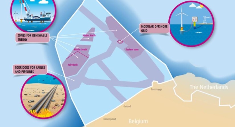 Zones for renewable energy, including offshore wind farms, in the Belgian part of the North Sea. Eastern zone = first phase that is completely operational, western zone = Princess Elisabeth Zone.