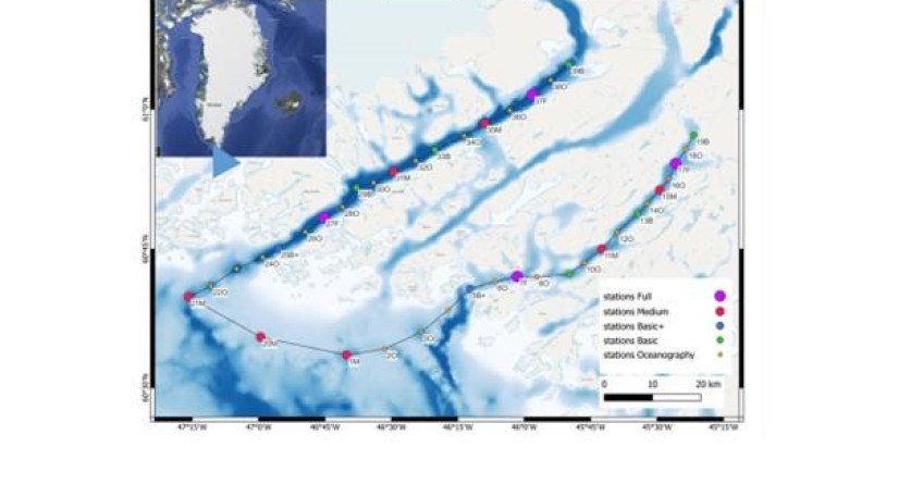 Onderzoeksgebied in Zuid-Groenland, met aanduiding van de geplande bemonsteringslocaties en bathymetrie. Ikersuaq fjord wordt beïnvloed door mariene gletsjers, terwijl Igaliku fjord wordt beïnvloed door een gletsjer op land. (Beeld: CANOE)