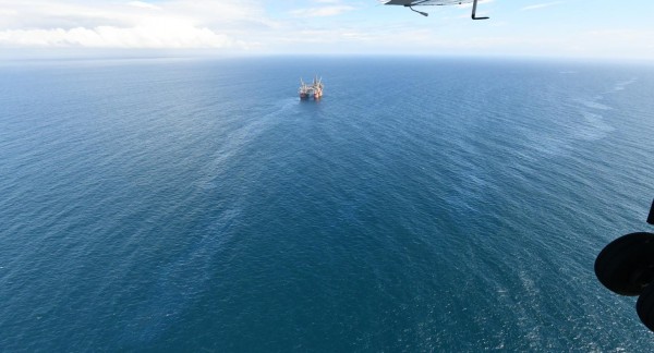 Oil spill connected to an offshore oil installation, as observed from the surveillance aircraft during the international TdH mission in 2021.